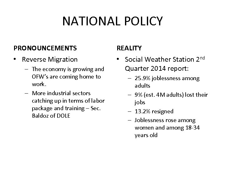 NATIONAL POLICY PRONOUNCEMENTS REALITY • Reverse Migration • Social Weather Station 2 nd Quarter