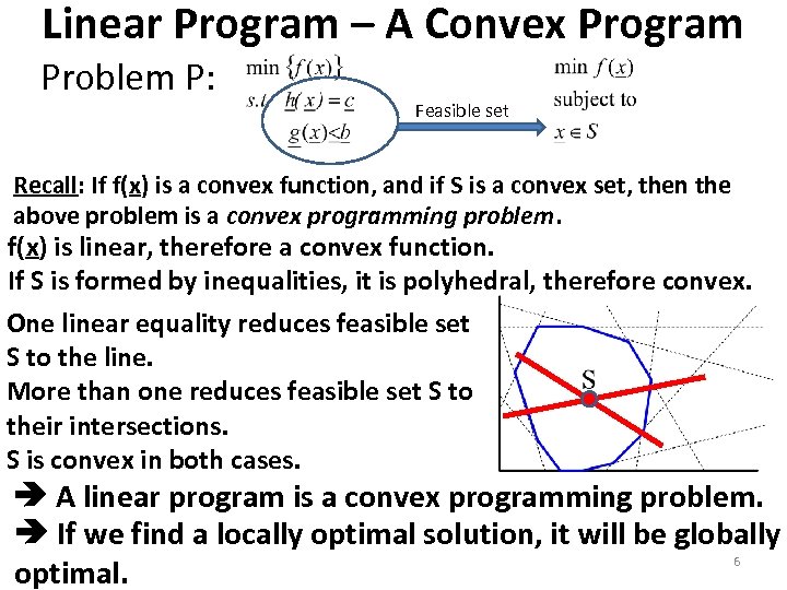 Linear Program – A Convex Program Problem P: Feasible set Recall: If f(x) is