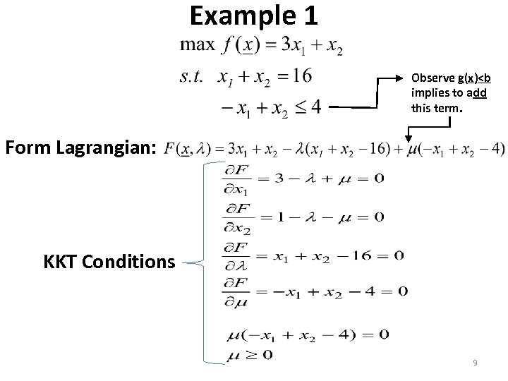 Example 1 Observe g(x)<b implies to add this term. Form Lagrangian: KKT Conditions 9