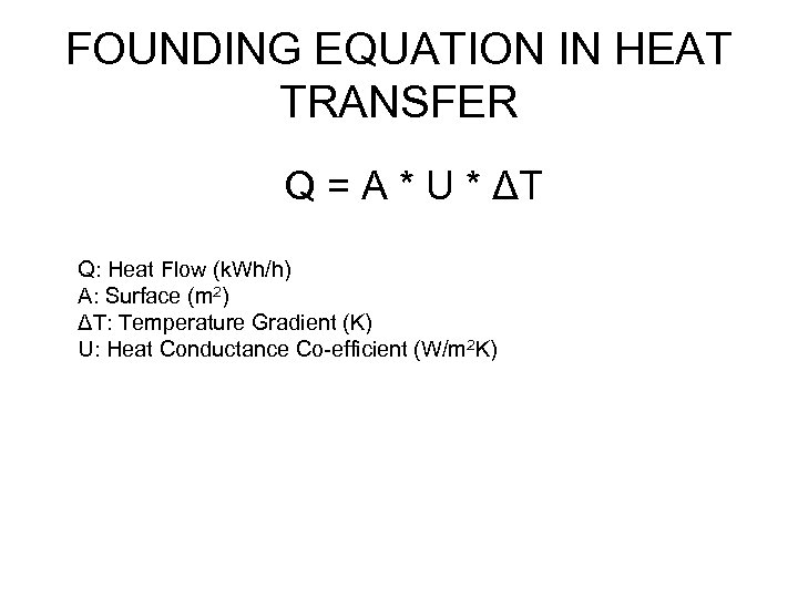 FOUNDING EQUATION IN HEAT TRANSFER Q = A * U * ΔΤ Q: Heat