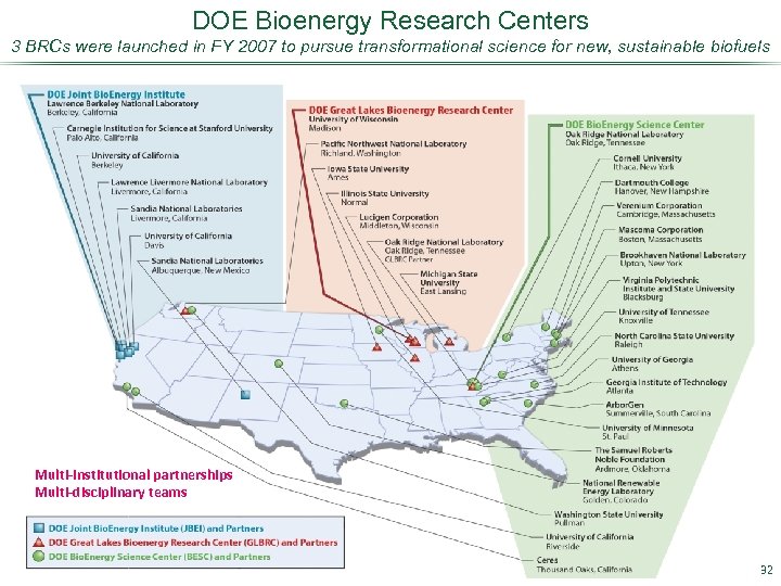 DOE Bioenergy Research Centers 3 BRCs were launched in FY 2007 to pursue transformational