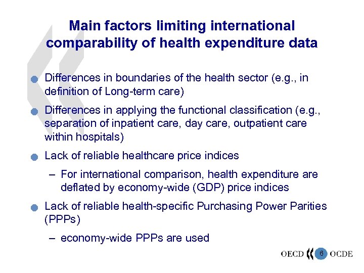 Main factors limiting international comparability of health expenditure data n n n Differences in