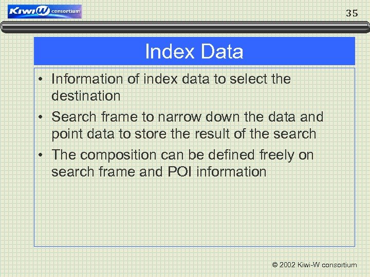35 Index Data • Information of index data to select the destination • Search