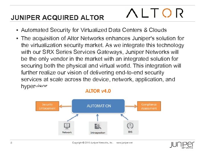 JUNIPER ACQUIRED ALTOR § Automated Security for Virtualized Data Centers & Clouds § The