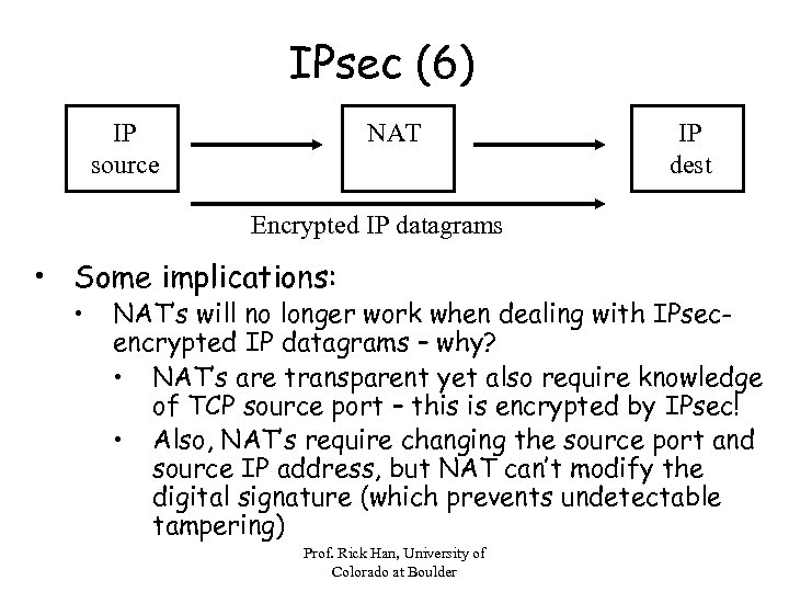 IPsec (6) IP source NAT IP dest Encrypted IP datagrams • Some implications: •