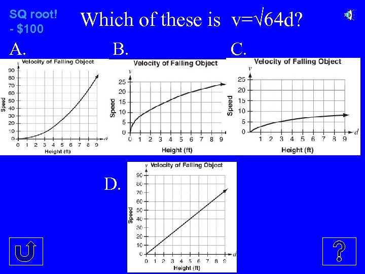 SQ root! - $100 A. Which of these is v=√ 64 d? B. D.