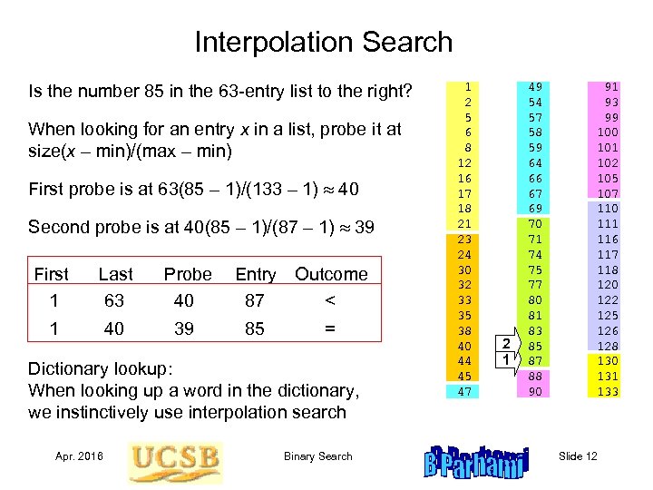 Interpolation Search Is the number 85 in the 63 -entry list to the right?