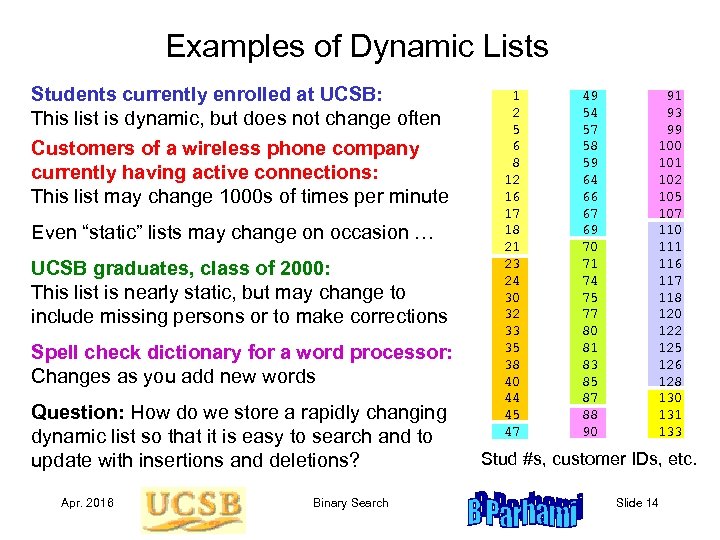 Examples of Dynamic Lists Students currently enrolled at UCSB: This list is dynamic, but