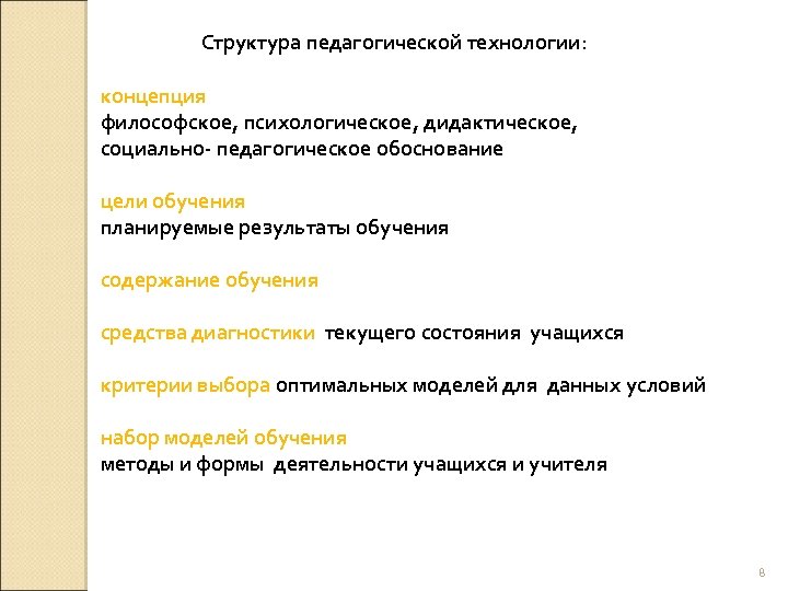 Структура педагогической технологии: концепция философское, психологическое, дидактическое, социально- педагогическое обоснование цели обучения планируемые результаты