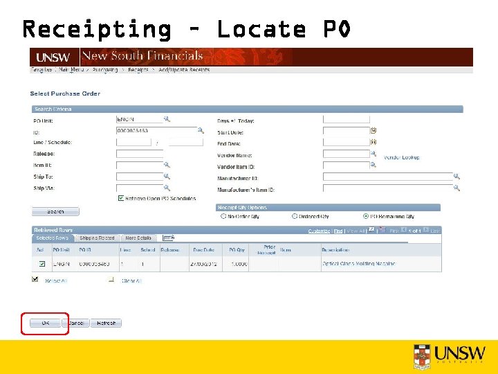 Receipting – Locate PO 