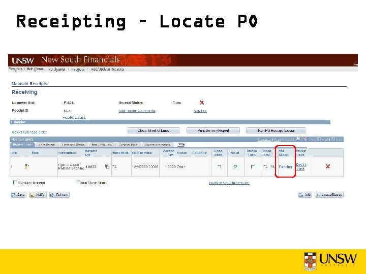 Receipting – Locate PO 