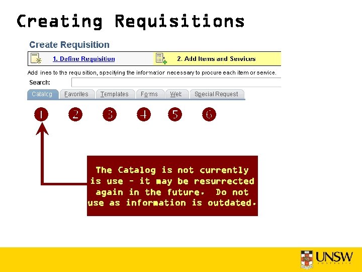 Creating Requisitions The Catalog is not currently is use – it may be resurrected