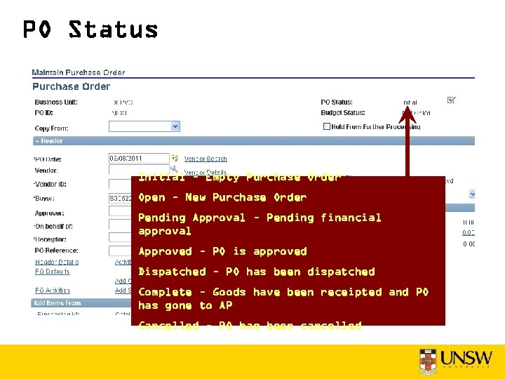 PO Status Initial – Empty Purchase Order Open – New Purchase Order Pending Approval
