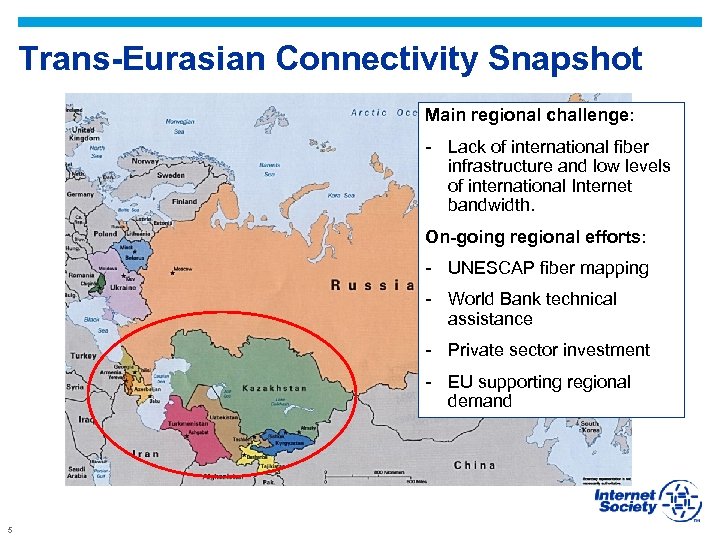 Trans-Eurasian Connectivity Snapshot Main regional challenge: - Lack of international fiber infrastructure and low