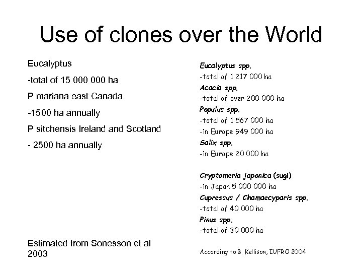 Use of clones over the World Eucalyptus -total of 15 000 ha P mariana