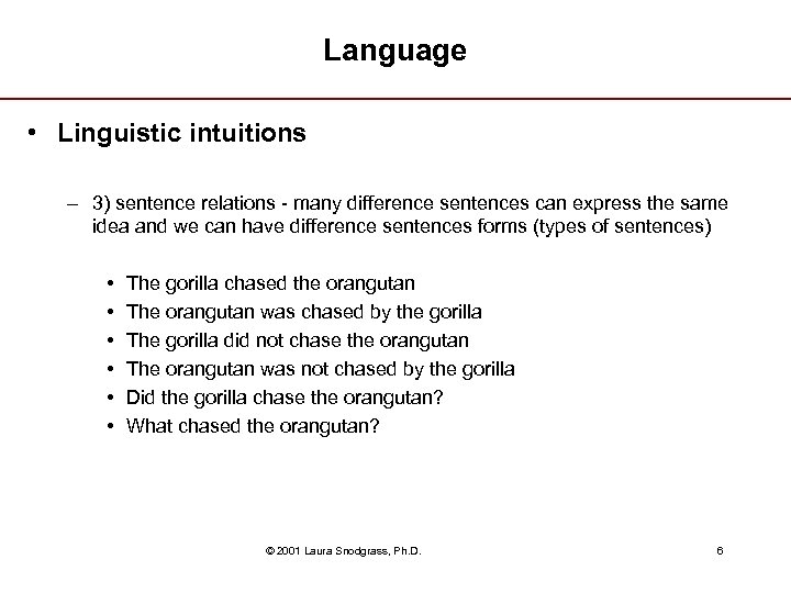 Language • Linguistic intuitions – 3) sentence relations - many difference sentences can express