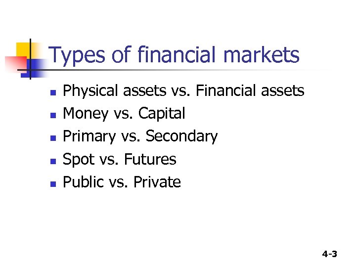 Types of financial markets n n n Physical assets vs. Financial assets Money vs.