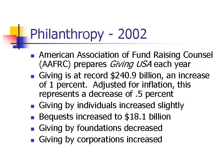 Philanthropy - 2002 n n n American Association of Fund Raising Counsel (AAFRC) prepares