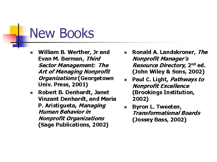 New Books n William B. Werther, Jr and Evan M. Berman, Third Sector Management: