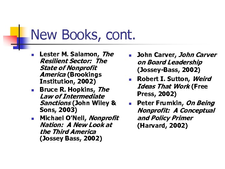 New Books, cont. n n n Lester M. Salamon, The Resilient Sector: The State
