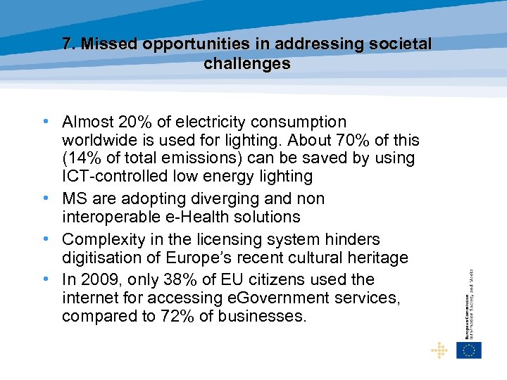 7. Missed opportunities in addressing societal challenges • Almost 20% of electricity consumption worldwide