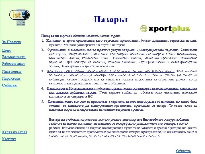 Пазарът За Проекта Цели Възможности Работен план Платформа Партньори Събития Карта на сайта Контакт