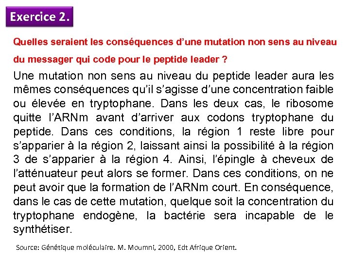 Exercice 2. Quelles seraient les conséquences d’une mutation non sens au niveau du messager