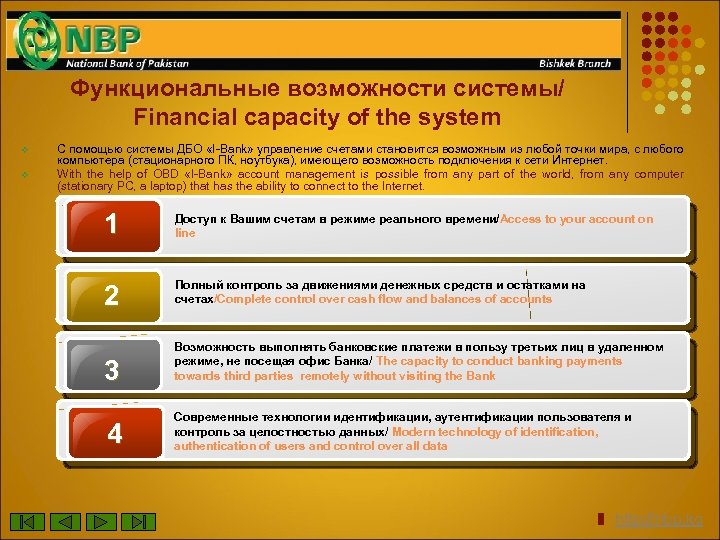 Функциональные возможности системы/ Financial capacity of the system v v С помощью системы ДБО