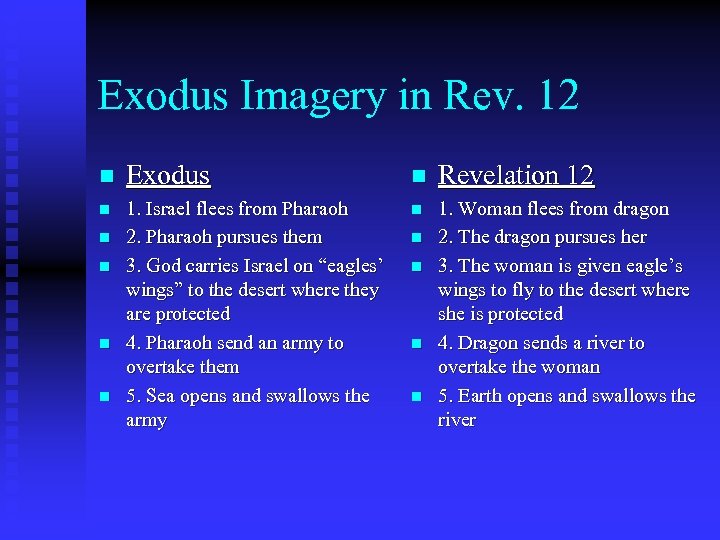 Exodus Imagery in Rev. 12 n Exodus n Revelation 12 n 1. Israel flees