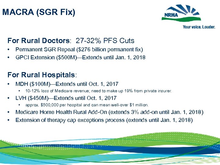 MACRA (SGR Fix) For Rural Doctors: 27 -32% PFS Cuts • • Permanent SGR