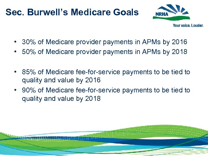 Sec. Burwell’s Medicare Goals • 30% of Medicare provider payments in APMs by 2016