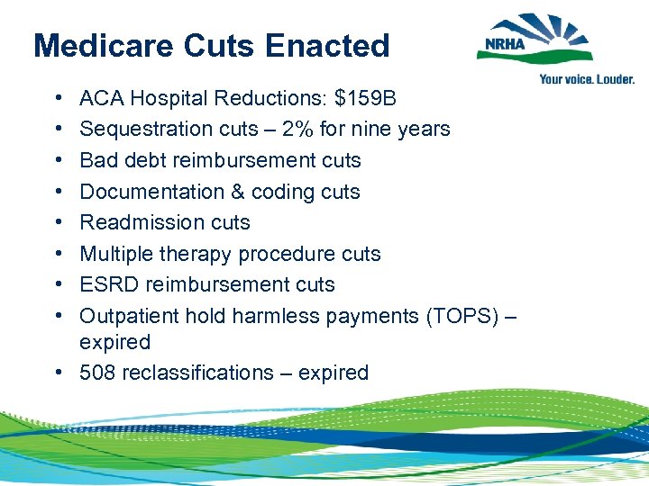 Medicare Cuts Enacted • • ACA Hospital Reductions: $159 B Sequestration cuts – 2%