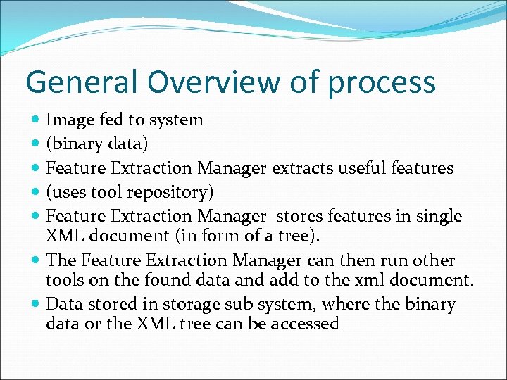 General Overview of process Image fed to system (binary data) Feature Extraction Manager extracts