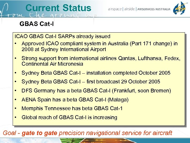 Current Status GBAS Cat-I ICAO GBAS Cat-I SARPs already issued • Approved ICAO compliant