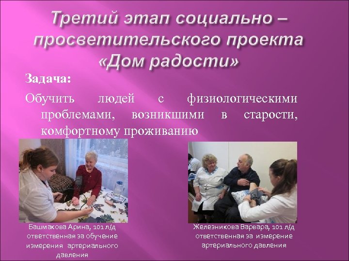 Задача: Обучить людей с физиологическими проблемами, возникшими в старости, комфортному проживанию Башмакова Арина, 101