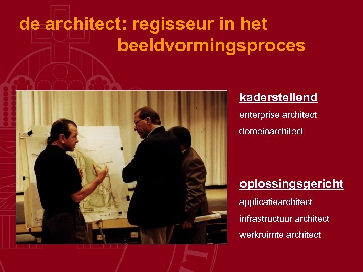 de architect: regisseur in het beeldvormingsproces kaderstellend enterprise architect domeinarchitect oplossingsgericht applicatiearchitect infrastructuur architect