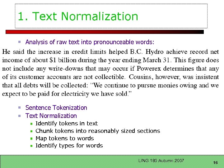 1. Text Normalization Analysis of raw text into pronounceable words: Sentence Tokenization Text Normalization