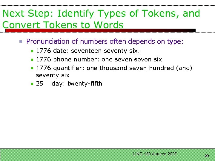 Next Step: Identify Types of Tokens, and Convert Tokens to Words Pronunciation of numbers