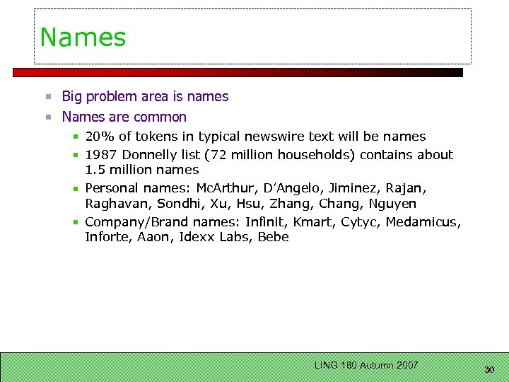 Names Big problem area is names Names are common 20% of tokens in typical