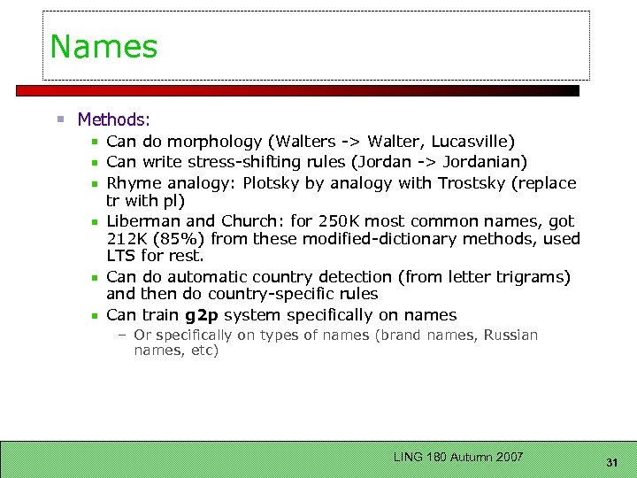 Names Methods: Can do morphology (Walters -> Walter, Lucasville) Can write stress-shifting rules (Jordan