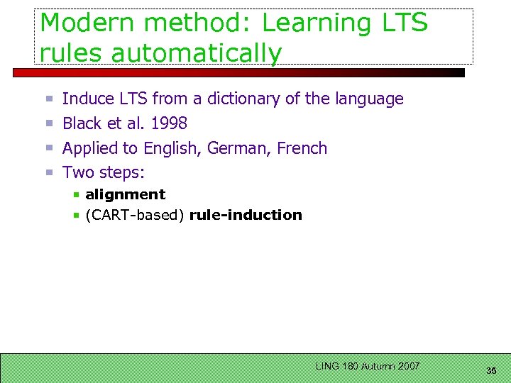 Modern method: Learning LTS rules automatically Induce LTS from a dictionary of the language