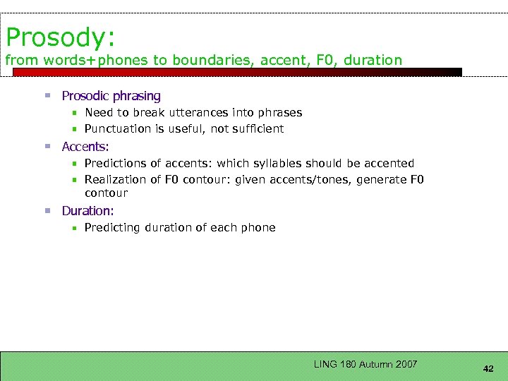 Prosody: from words+phones to boundaries, accent, F 0, duration Prosodic phrasing Need to break