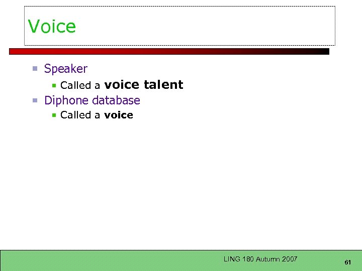 Voice Speaker voice talent Diphone database Called a voice LING 180 Autumn 2007 61