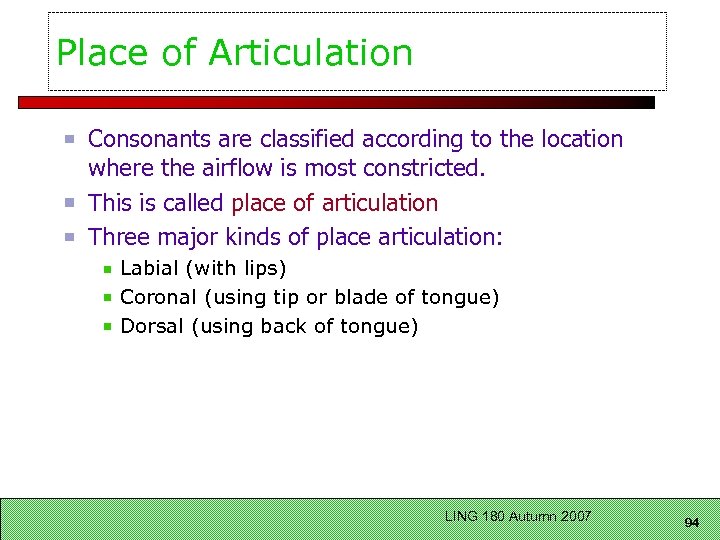 Place of Articulation Consonants are classified according to the location where the airflow is