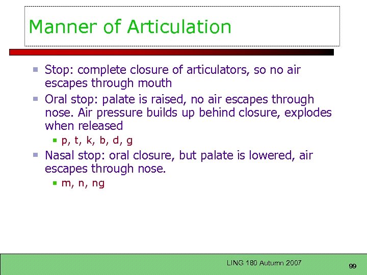 Manner of Articulation Stop: complete closure of articulators, so no air escapes through mouth