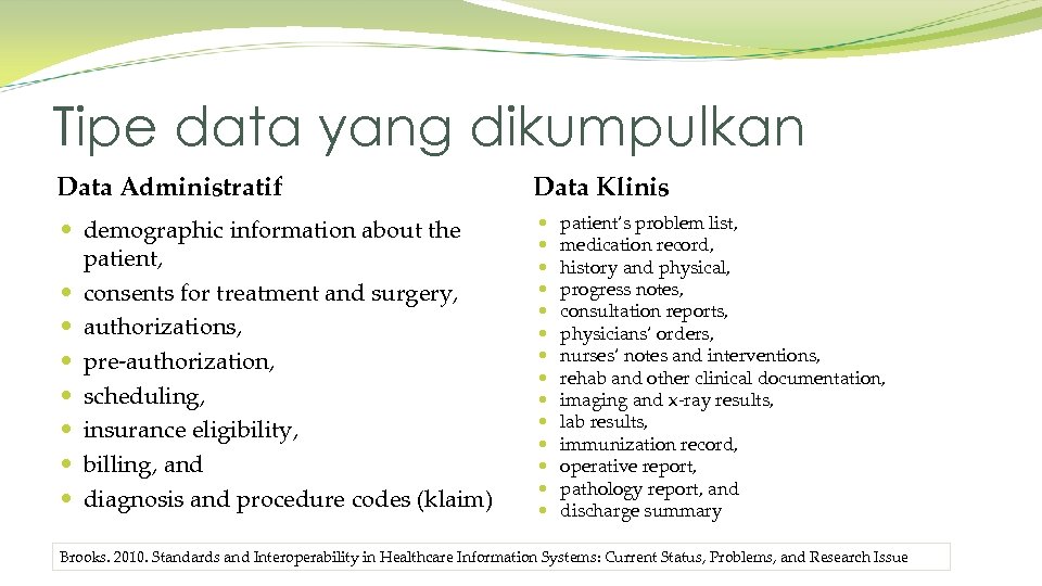 Tipe data yang dikumpulkan Data Administratif Data Klinis demographic information about the patient, consents