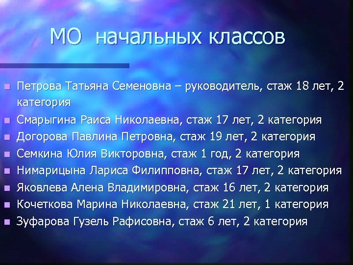 МО начальных классов n n n n Петрова Татьяна Семеновна – руководитель, стаж 18