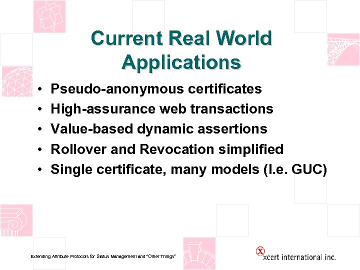 Current Real World Applications • • • Pseudo-anonymous certificates High-assurance web transactions Value-based dynamic