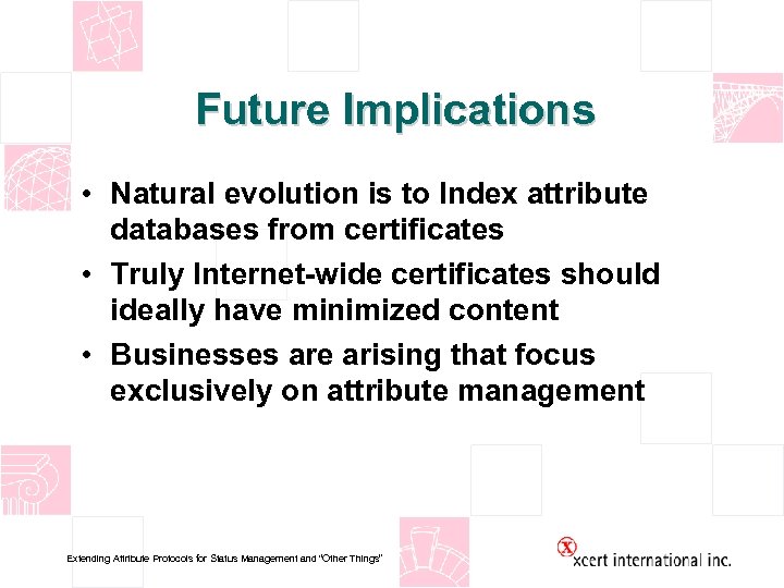 Future Implications • Natural evolution is to Index attribute databases from certificates • Truly