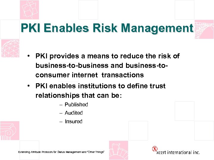 PKI Enables Risk Management • PKI provides a means to reduce the risk of